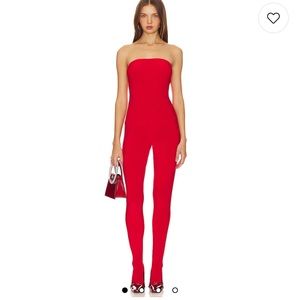 Norma Kamali strapless red jumpsuit.